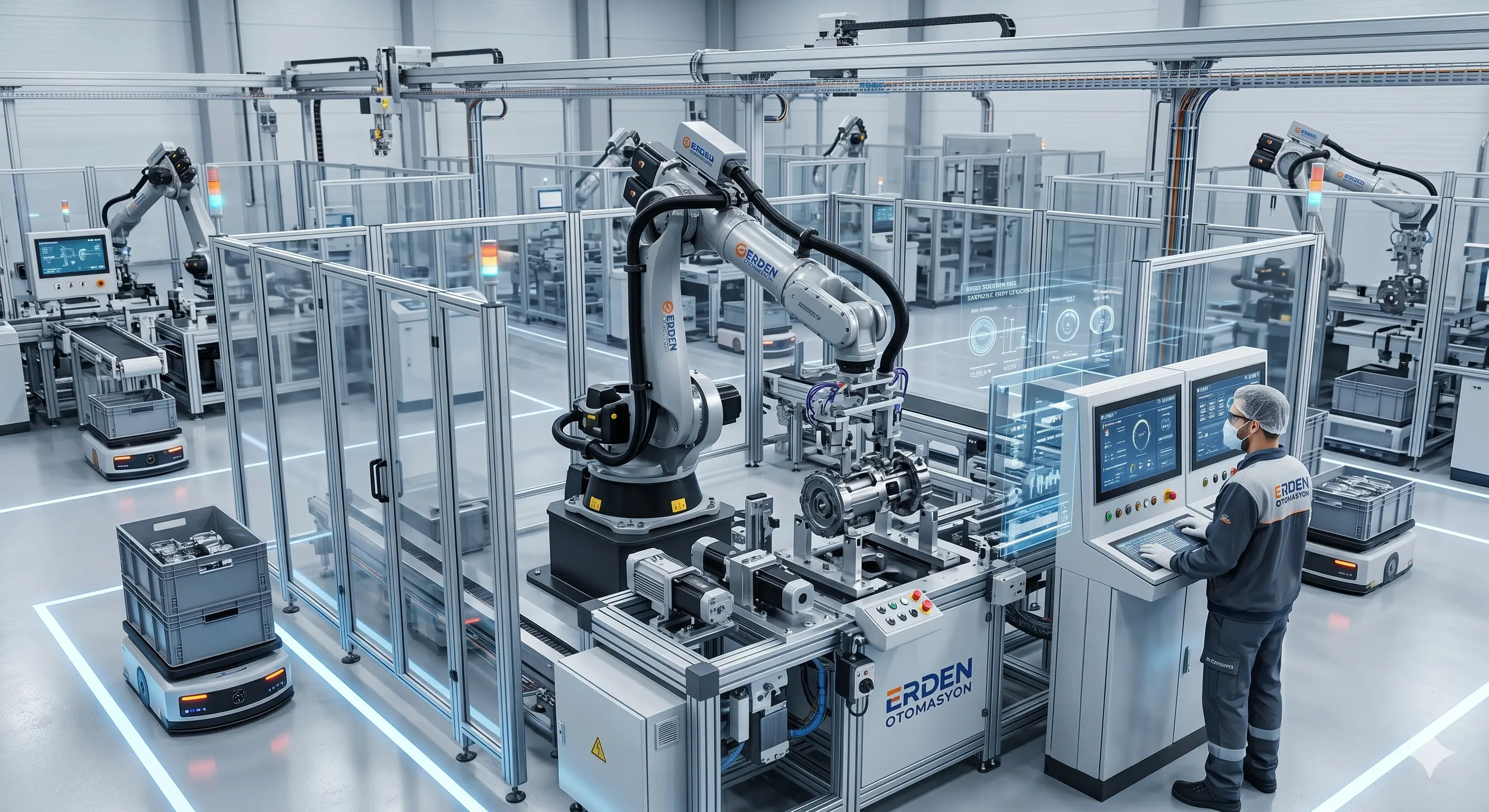 Endüstriyel montaj hattı ve robotik kol otomasyon sistemleri uygulaması.